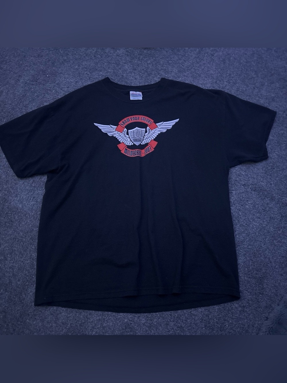 Hanes Black Short Sleeve Tee with Red and Gray Winged Emblematic